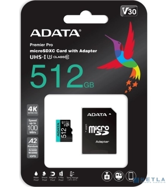 Флеш карта MICRO SDXC 512Gb W/AD. AUSDX512GUI3V30SA2-RA1 ADATA