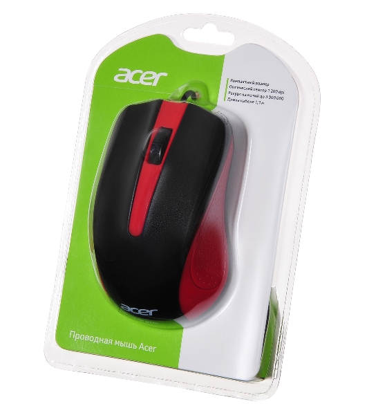 Мышь проводная Acer OMW012 черный/красный, 1200 dpi, USB, кнопки - 3