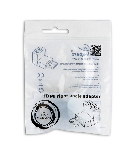 Переходник Cablexpert HDMI-HDMI 19F/19M, угловойсоединитель 90 градусов, золотые разъемы (A-HDMI90-FML)