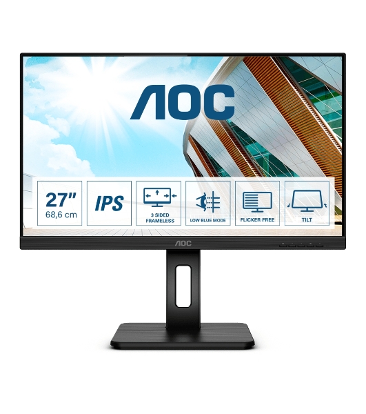 Монитор 27' AOC 27P2Q IPS 1920x1080, 75 Гц, 4 мс, 16:9, 250 кд/м2, 1хDVI, 1хDP, 1xHDMI, 1xVGA, 1x3.5 мм, черный