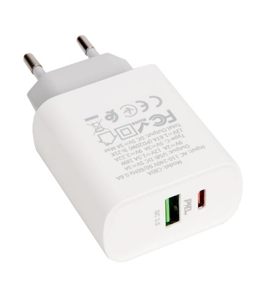 Сетевое зарядное устройство HOCO C80A Rapido 1xUSB + 1xUSB-C, 3.1A, 20W, белый