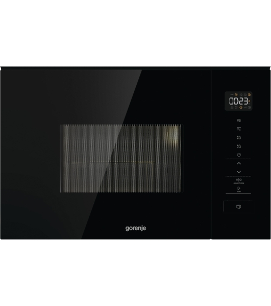 Встраиваемая микроволновая печь Gorenje BM201SG3BG, 20 л, 5 уровней мощности, 8 автопрограмм, сенсорное управление, дисплей, гриль, поворотный стол, AquaClean, автоменю черный