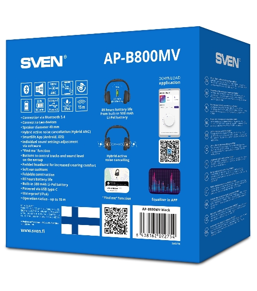 Беспроводные/проводные наушники Sven AP-B800MV черный, полноразмерные, Bluetooth + Jack 3.5 мм, складная конструкция, до 15 ч