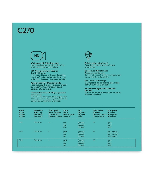 Веб-камера Logitech C270 HD 1280x720, 30 кадр/с, USB Type-A, микрофон (шумоподавление), автоосвещение, универсальное крепление