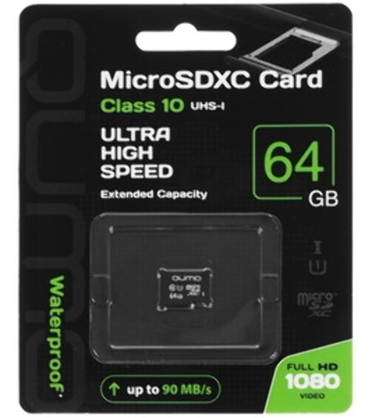 Флеш карта QUMO QM64GMICSDXC10U1 64Gb MicroSDXC Class 10 UHS-I, SD adapter