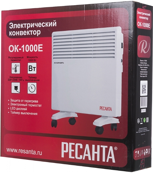 Конвектор электрический Ресанта ОК-1000Е белый, 1000 Вт, 10 м2, термостат, дисплей