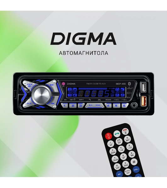 Автомагнитола Digma MCP-455, 1 DIN, Bluetooth, USB Type-A, AUX, пульт ДУ