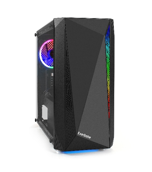 Компьютерный корпус Minitower ExeGate EX294384RUS Mistery R2 (mATX, без БП, 2*USB+1*USB 3.0, аудио, черный, 1 вент. 12см с RGb подсветкой и полоса на передней панели, боковая панель - закаленное стекло)