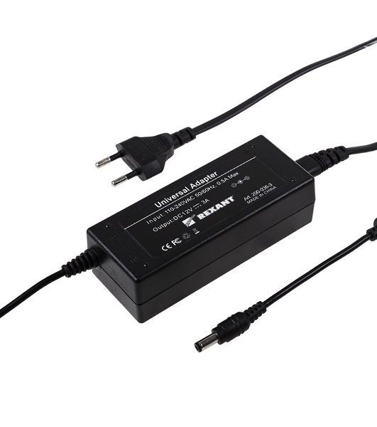 Источник питания Rexant 110-220 V AC/12 V DC 3 А 36 W с DC разъемом подключения 5.5х2.1, без влагозащиты (IP23)