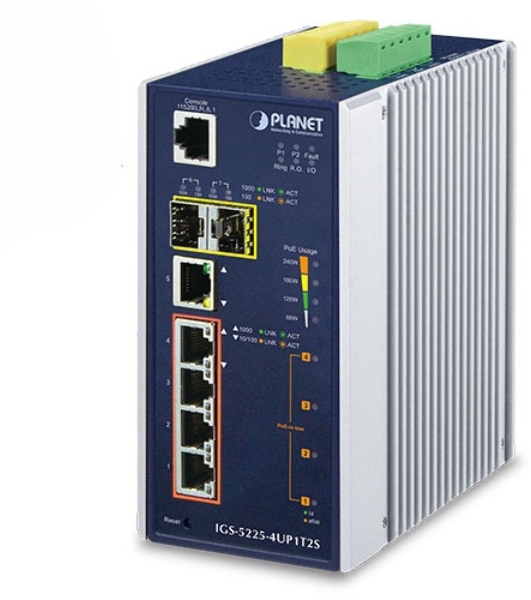 Коммутатор PLANET IP30 Industrial L2+/L4 4-Port 60W 1000T Ultra PoE+ 1-Port 1000T + 2-port 100/1000X SFP Full Managed Switch (-40 to 75 C, dual redundant power input on 48~56VDC terminal block, DIDO, ERPS Ring Supported, 1588)