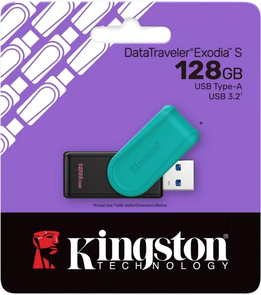 Флешка USB Kingston DataTraveler Exodia S (DTXS/128Gb), 128Gb, USB 3.2 Gen 1, R/W 150/60, бирюзовый/черный
