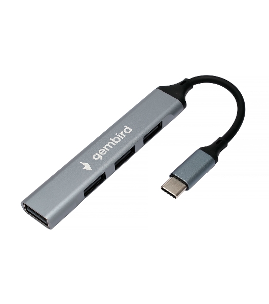Разветвитель USB2.0 Gembird UHB-C201, 4xUSB2.0, кабель Type-C 10 см, алюминий, пакет