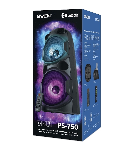 Колонка АС SVEN PS-750, черный (80 Вт, TWS, Bluetooth, FM, USB, microSD, LED-дисплей, 2х4400мА*ч)