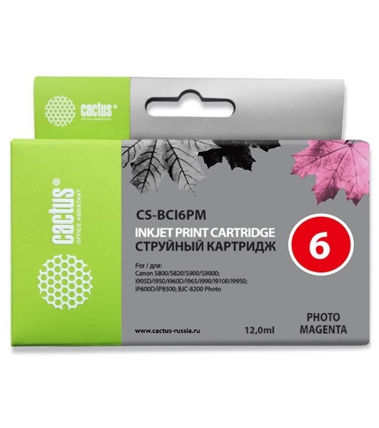 Картридж струйный Cactus CS-BCI6PM пурпурный (12ml) для Canon S800/S820/S900/S9000/i905D/i950S/i960x