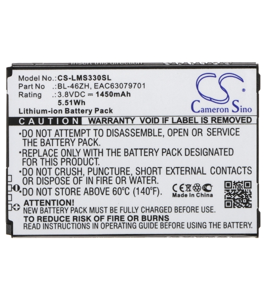 Аккумулятор CameronSino CS-LMS330SL BL-46ZH для LG AS330, AS3753.8V, 1450mAh, 5.51Wh