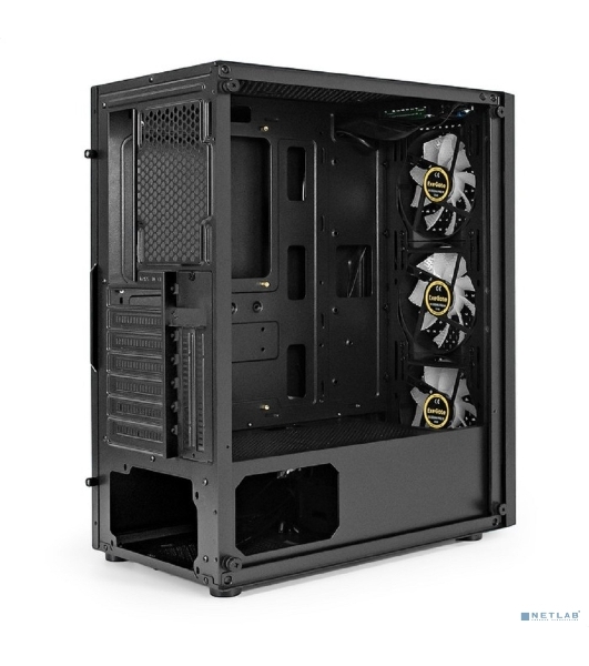 Компьютерный корпус Miditower ExeGate EVO-8227 (ATX, без БП, 2хUSB+1хUSB 3.0+HD Audio, черный, 3 вент. с RGb подсветкой, боковая панель - закаленное стекло)