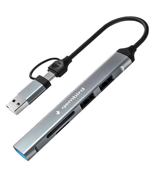 Кард-ридер Type-C/USB-A (3.1) Gembird 5в1: 2xUSB 2.0, USB3.1, SD/TF, кабель 10 см, алюминий