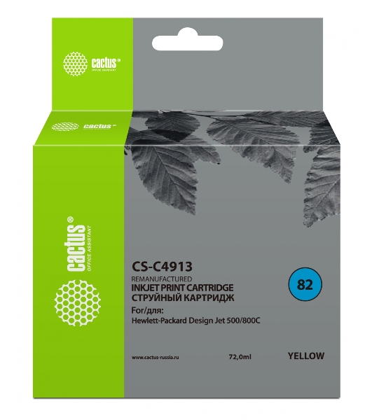 Картридж струйный Cactus CS-C4913 №82 желтый (72 мл) для HP Design Jet 500/800C