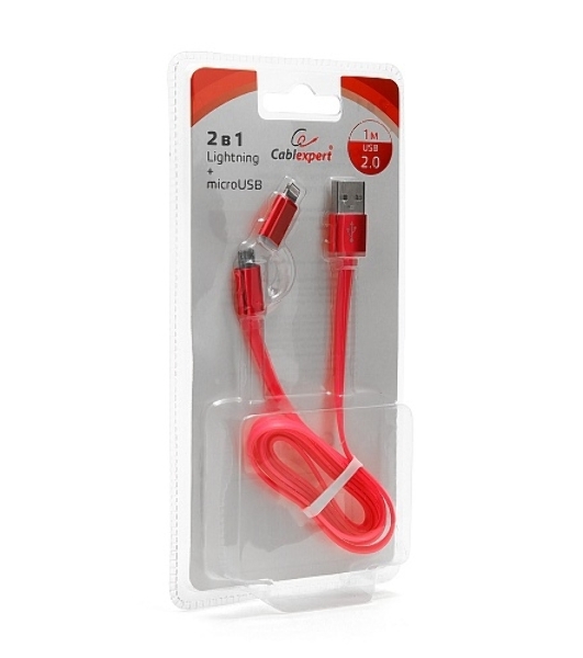 Кабель USB2.0 Cablexpert CC-mAPUSB2pk1m, AM/microBM 5P - iPhone lightning, 1м, комбо кабель, алюминиевые разъемы, розовый, блистер