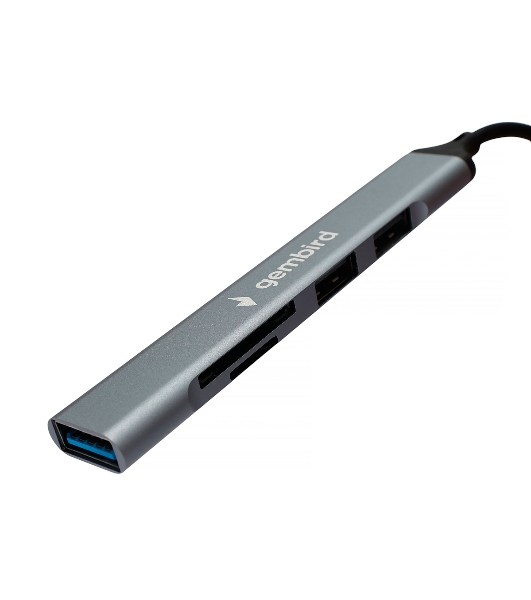 Кард-ридер Type-C/USB-A (3.1) Gembird 5в1: 2xUSB 2.0, USB3.1, SD/TF, кабель 10 см, алюминий