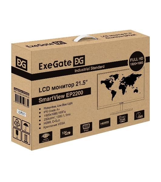 Монитор 21.5' 100 Гц ExeGate SmartView EP2200 (IPS LED Grade A+, FHD, 1920x1080@100Гц, 16:9, 250cd/m2, 1000:1, 178°/178°, 5ms, D-Sub, HDMI, Flicker-free, Low Blue Light, кабель HDMI 1.5м, VESA, регулировка наклона (tilt), черный)