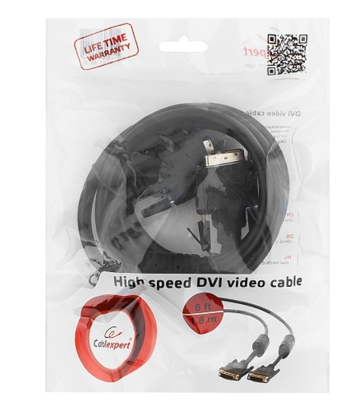 Кабель DVI-D dual link Gembird/Cablexpert, 25M/25M, 1.8м, черный, экран, феррит.кольца, пакет