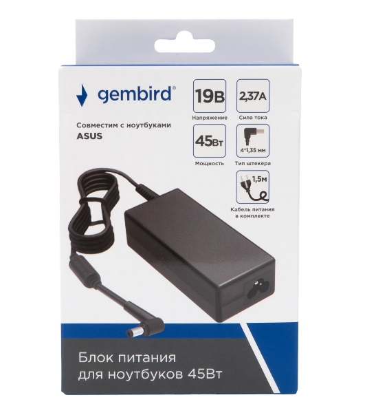 Блок питания Gembird для ноутбуков Asus 19В/2,37А, 45Вт, 1 штекер 4,0х1,35мм (NPA-AC21)