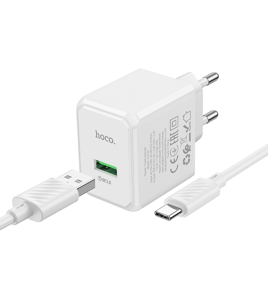 Зарядное устройство Hoco 18Вт, 3А, QC3.0, 1xUSB + кабель USB/Type-C, CS12A, белый, блистер