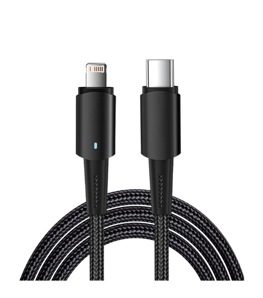 Кабель Rexant Type-C – Lightning для Apple, 3А, 1м, в черной нейлоновой оплетке, со световой индикацией