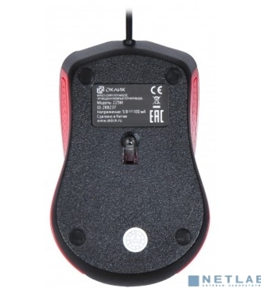 Мышь проводная Oklick 225M черный/красный, 1200 dpi, USB, кнопки - 3