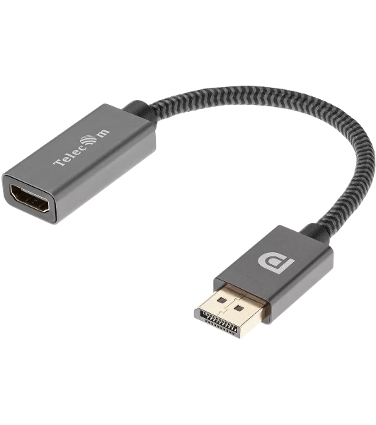 Кабель-переходник DP --> HDMI-F 0.2m, серый металлик, оплетка, 4K@60Hz, Telecom (TA560)