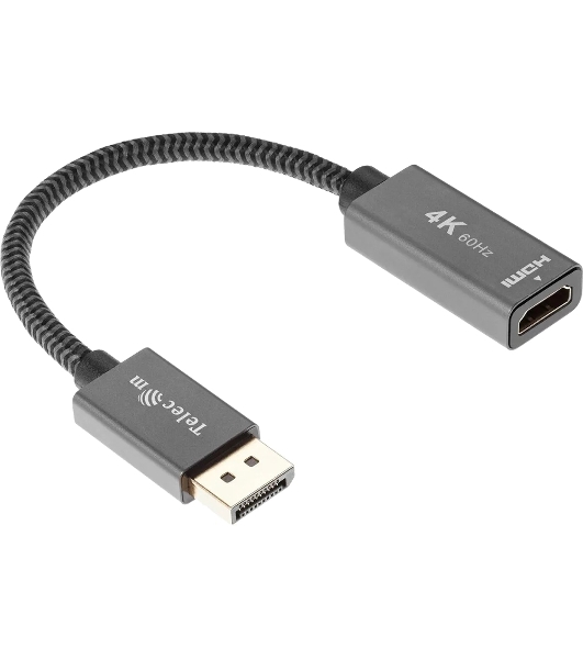 Кабель-переходник DP --> HDMI-F 0.2m, серый металлик, оплетка, 4K@60Hz, Telecom (TA560)