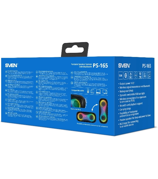 Портативная акустика SVEN PS-165, черный (16 Вт, Waterproof (IPx6), TWS, Bluetooth, microSD, 3000мА*ч)