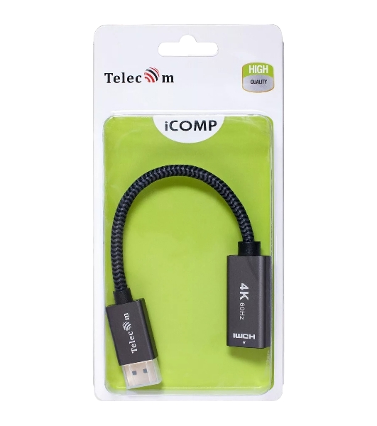Кабель-переходник DP --> HDMI-F 0.2m, серый металлик, оплетка, 4K@60Hz, Telecom (TA560)