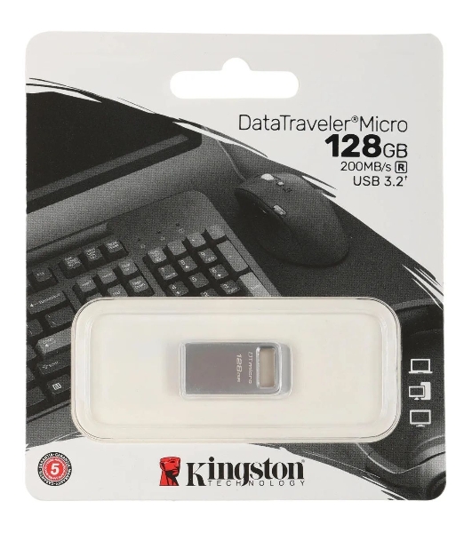 Флешка USB Kingston DataTraveler Micro (DTMC3G2/128Gb), 128Gb, USB 3.2 Gen 1, R/W 200/60, серебристый