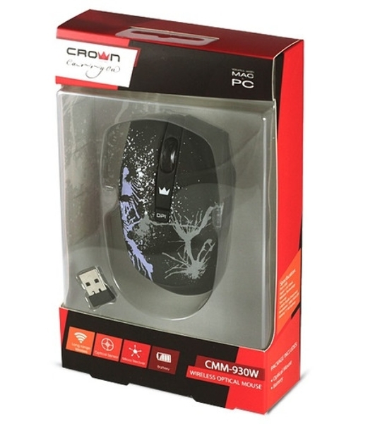 Мышь беспроводная Crown CMM-336W черный, 1600 dpi, радиоканал, USB, кнопки - 4