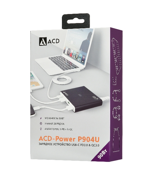 Сетевое зарядное устройство ACD-P904U-V1B 90Вт, 4xUSB 1PD+3QC, 3.6~20В/4.35А(max) RTL