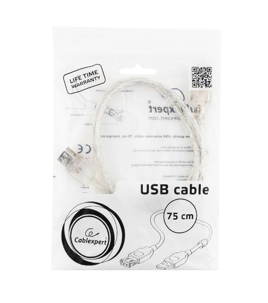 Кабель-удлинитель USB2.0 Pro Cablexpert CCF-USB2-AMAF-TR-0.75M, AM/AF, 0,75м, экран, 2феррит.кольца, прозрачный, пакет