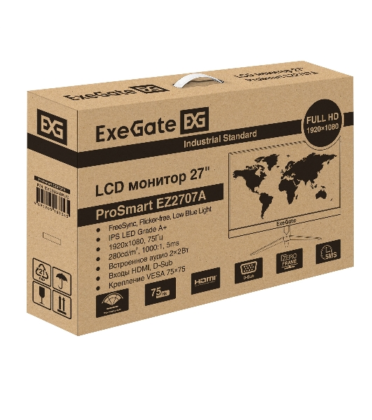 Монитор 27' ExeGate SmartView EZ2707A IPS 1920x1080, 75 Гц, 5 мс, 16:9, 250 кд/м2, 1xHDMI, 1xVGA, 1x3.5 мм, черный
