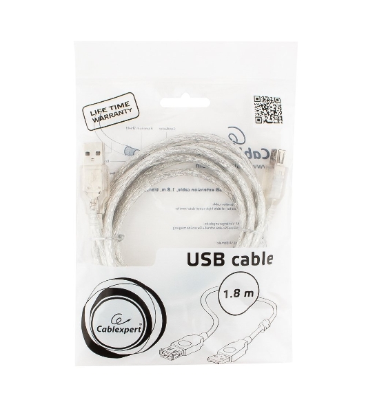 Кабель-удлинитель USB2.0 Pro Cablexpert CCF-USB2-AMAF-TR-6, AM/AF, 1,8м, экран, 2феррит.кольца, прозрачный, пакет