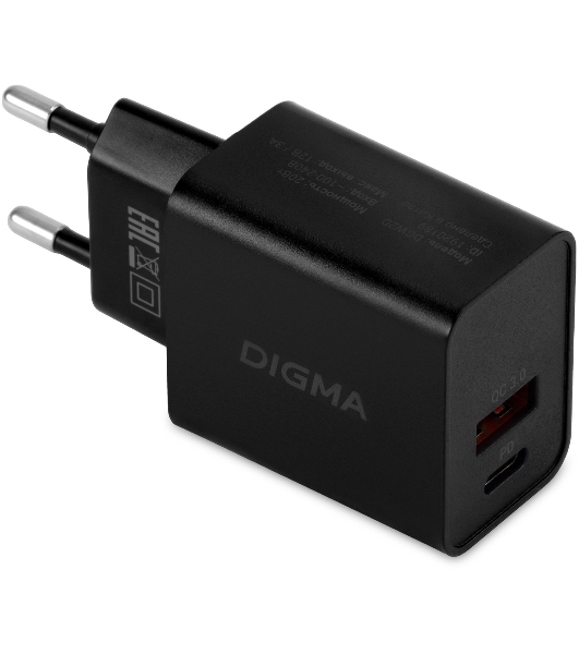Сетевое зарядное устройство Digma DGW2D 20W 3A+1A (PD+QC) USB-C/USB-A универсальное черный