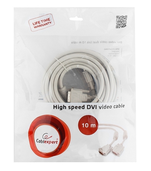 Кабель DVI-D dual link Gembird/Cablexpert CC-DVI2-10M, 25M/25M, 10м, экран, феррит.кольца, пакет