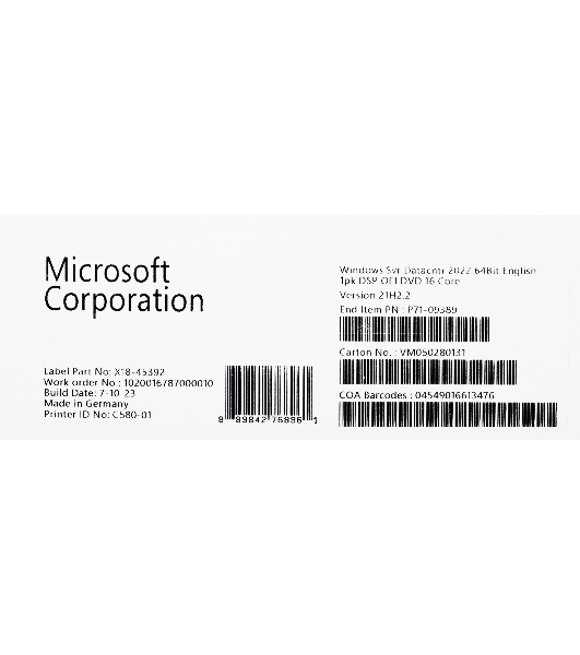 Операционная система Microsoft Windows Server Datacenter 2022 64Bit English 1pk DSP OEI DVD 16 Core (P71-09389)