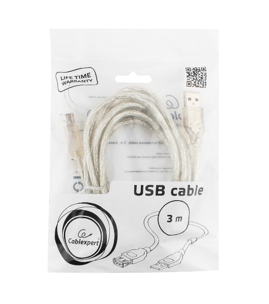 Кабель Cablexpert USB2.0 Pro, AM/AF, 3м, экран, 2 феррит.кольца, прозрачный (CCF-USB2-AMAF-TR-10)