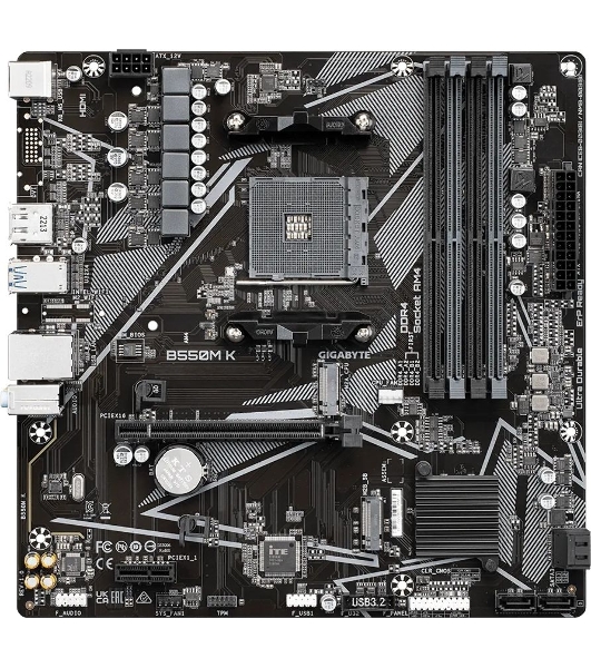 Материнская плата Gigabyte B550M K, AM4, AMD B550, 4xDDR4, 4xSATA, 2xM.2, 1xPCIe 4.0 x16, 1xPCIe x1, 1xHDMI, 1xDP, 1x 1Gb LAN, 4xUSB-A 3.2 Gen 1, 4xUSB-A 2.0, 3x3.5 мм, 7.1, mATX