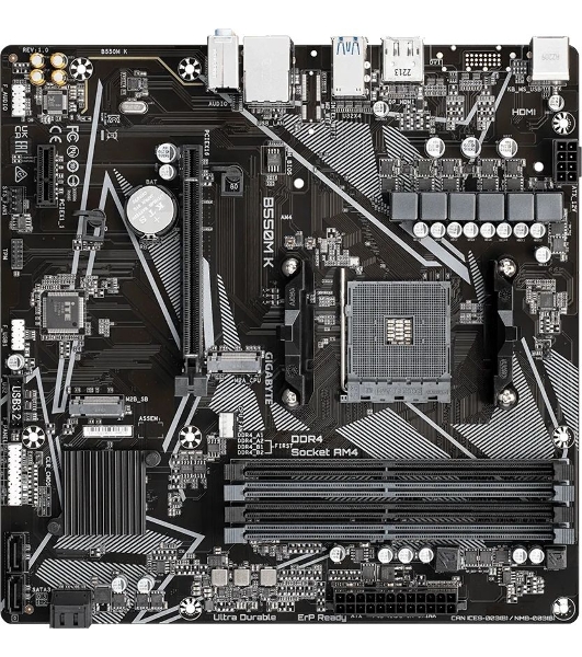 Материнская плата Gigabyte B550M K, AM4, AMD B550, 4xDDR4, 4xSATA, 2xM.2, 1xPCIe 4.0 x16, 1xPCIe x1, 1xHDMI, 1xDP, 1x 1Gb LAN, 4xUSB-A 3.2 Gen 1, 4xUSB-A 2.0, 3x3.5 мм, 7.1, mATX