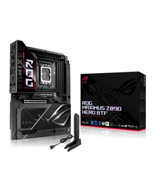 Материнская плата ASUS ROG MAXIMUS Z890 HERO BTF, LGA1851, Intel Z890, 4xDDR5, 4xSATA, 6xM.2, 1xPCIe 5.0 x16, 1xPCIe 4.0 x4, 1xPCIe x1, 1xHDMI, 2xUSB-C (Thunderbolt 4), 1xUSB-C 3.2 Gen 2, 4xUSB-A 3.2 Gen 2, 4xUSB-A 3.2 Gen 1, 2x2.5Gb LAN, Wi-Fi 7, Bluetooth 5.4, 2x3.5 мм, S/PDIF, 7.1, ATX