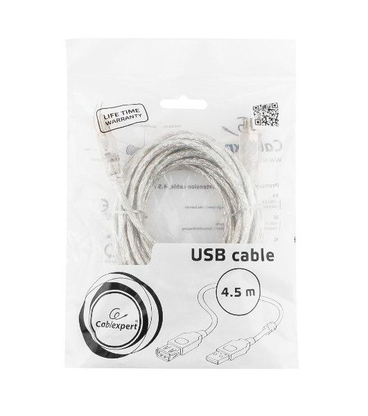 Кабель-удлинитель USB2.0 Pro Cablexpert CCF-USB2-AMAF-TR-15, AM/AF, 4,5м, экран, 2феррит.кольца, прозрачный, пакет
