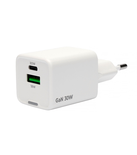 Зарядное устройство Cablexpert MP3A-PC-63, 30Вт GaN, 3А, QC4.0/PD, 1xUSB, 1xType-C, белый, пакет