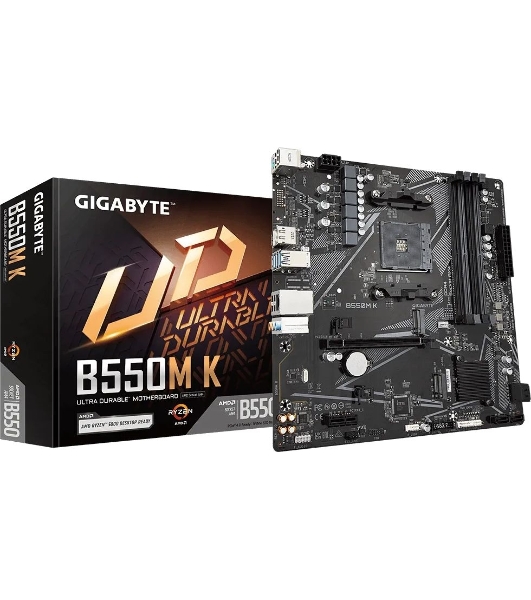 Материнская плата Gigabyte B550M K, AM4, AMD B550, 4xDDR4, 4xSATA, 2xM.2, 1xPCIe 4.0 x16, 1xPCIe x1, 1xHDMI, 1xDP, 1x 1Gb LAN, 4xUSB-A 3.2 Gen 1, 4xUSB-A 2.0, 3x3.5 мм, 7.1, mATX
